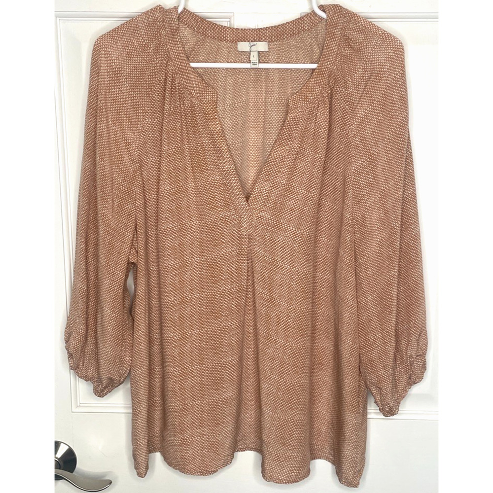 Joie Women's 100% Silk Y-Neck Flowy Blouse Pullover Sz L Aztec Geo Boho Peasant